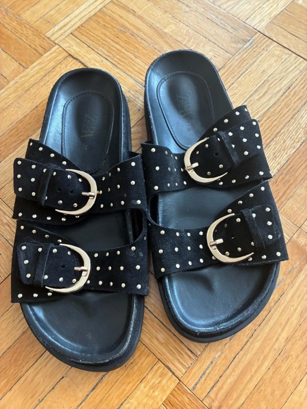 Black Studded Zara Double-Buckle Slide Sandals - Picture 3 of 5